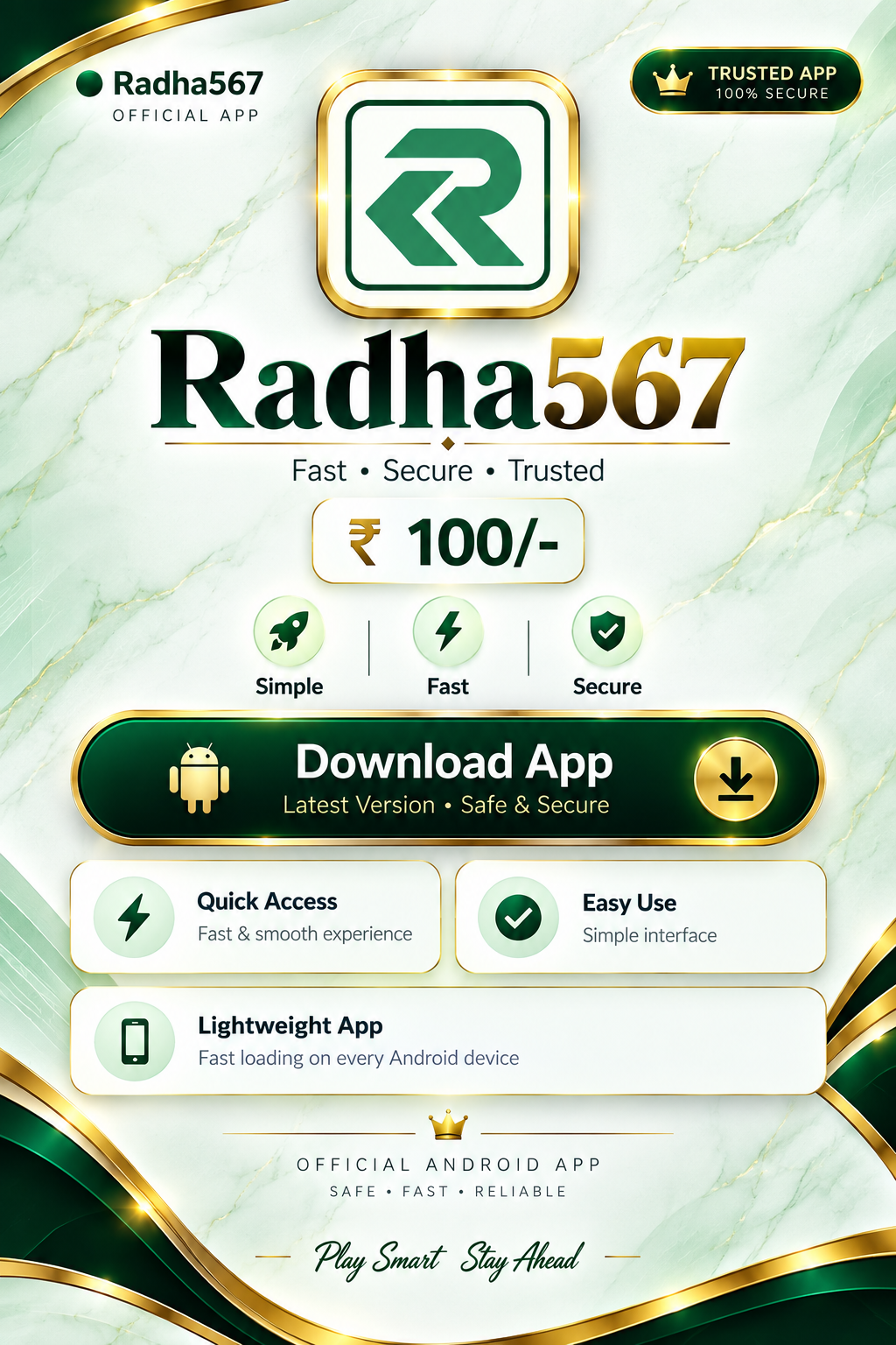 Radha567 official Android app promotional page with Download App button